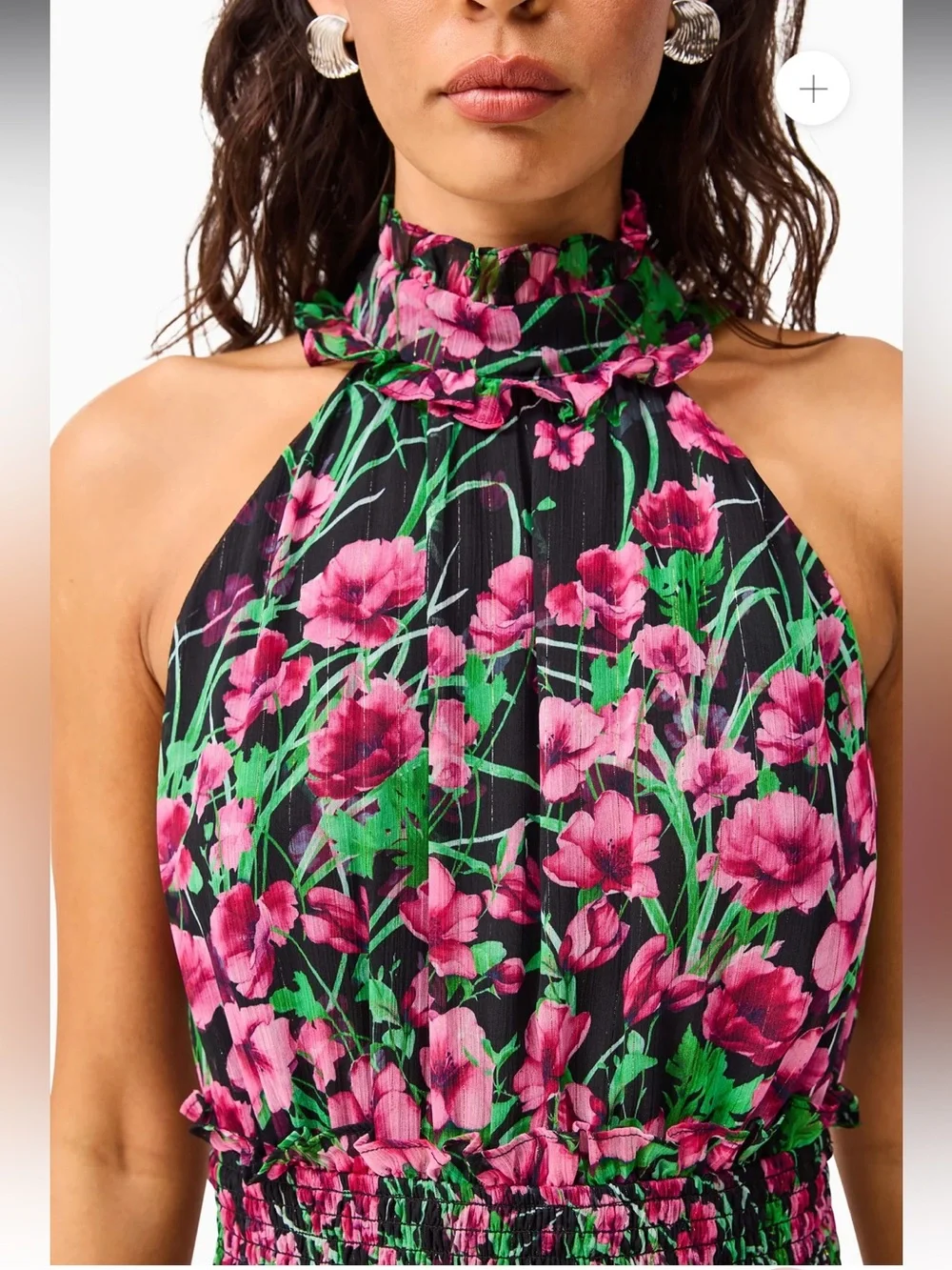 elliatt estelle black & pink floral print mock neck tiered mini dress size small